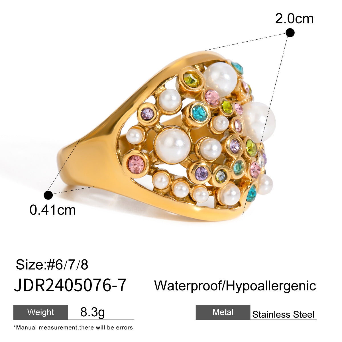 Retro fashion diamond studded pearl ring, Baroque niche design, high-end ins handmade ring