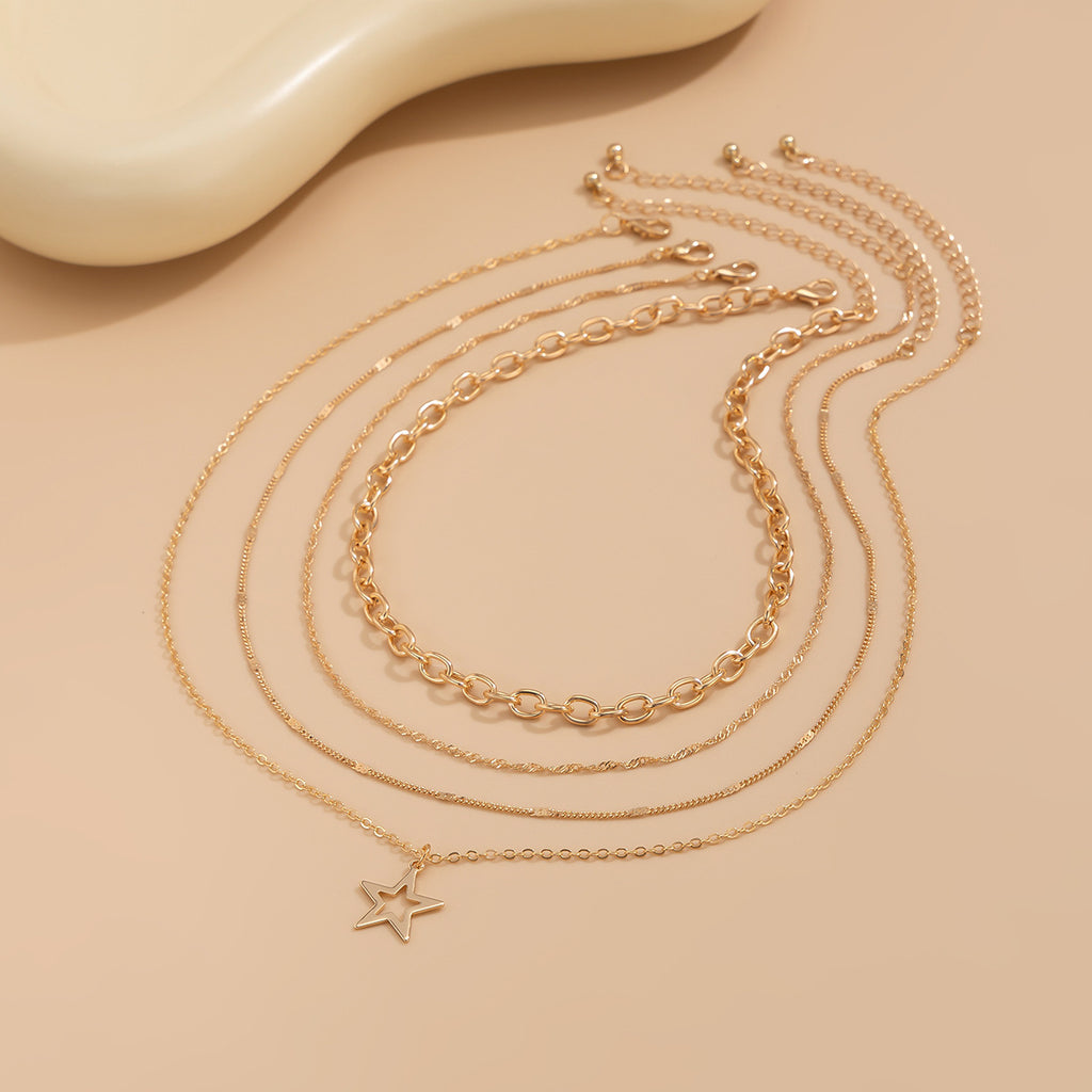 Personalized pentagram alloy collarbone chain, sweet and cool style, stacked metal necklace set