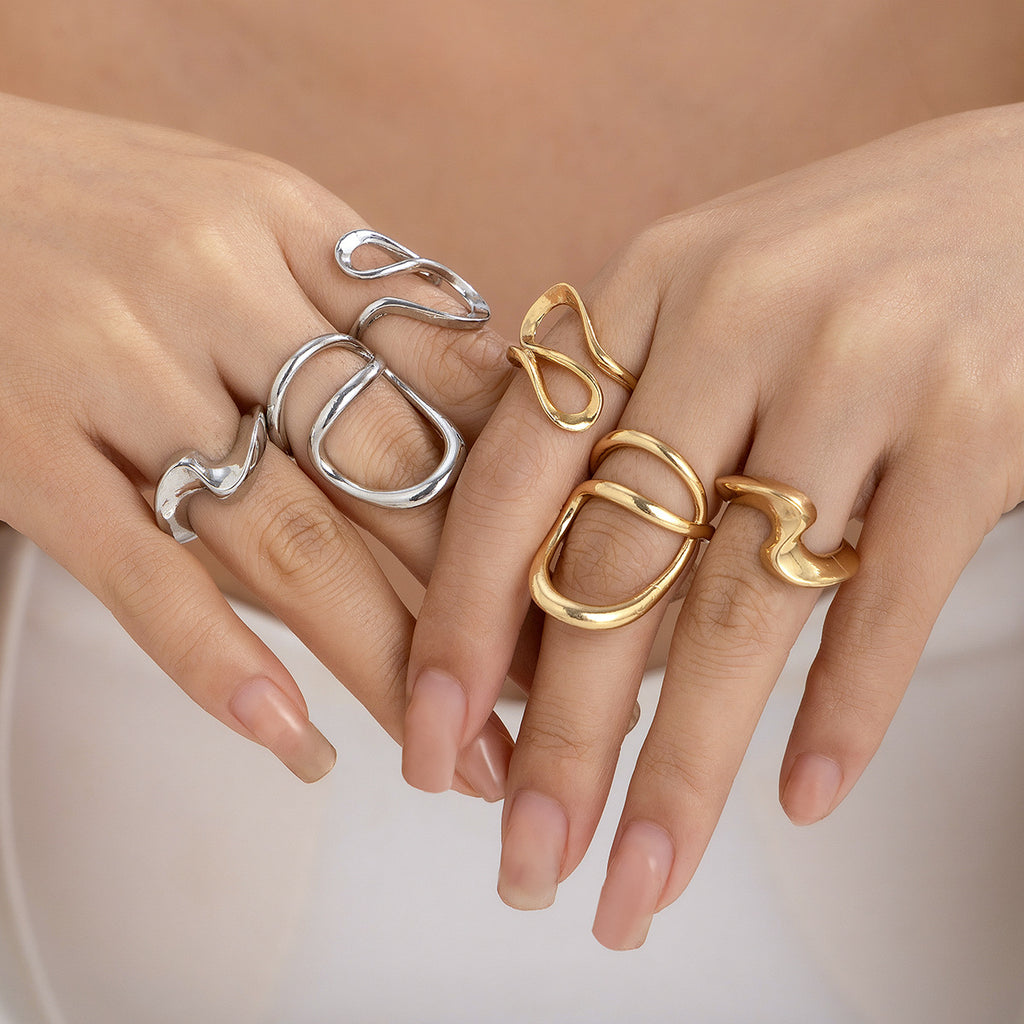 Minimally irregular lava open smooth ring set, niche hollow arc-shaped design ring
