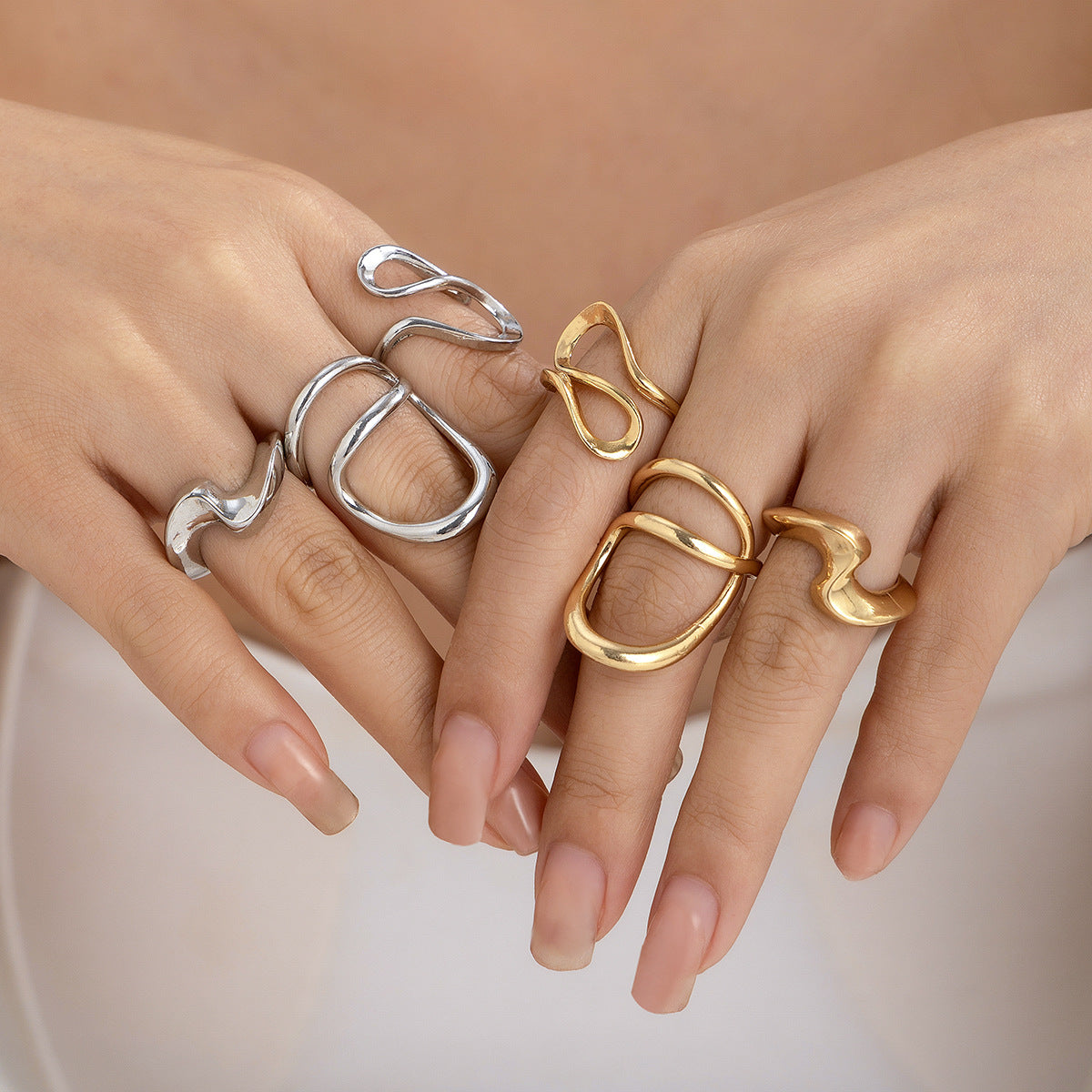 Minimally irregular lava open smooth ring set, niche hollow arc-shaped design ring