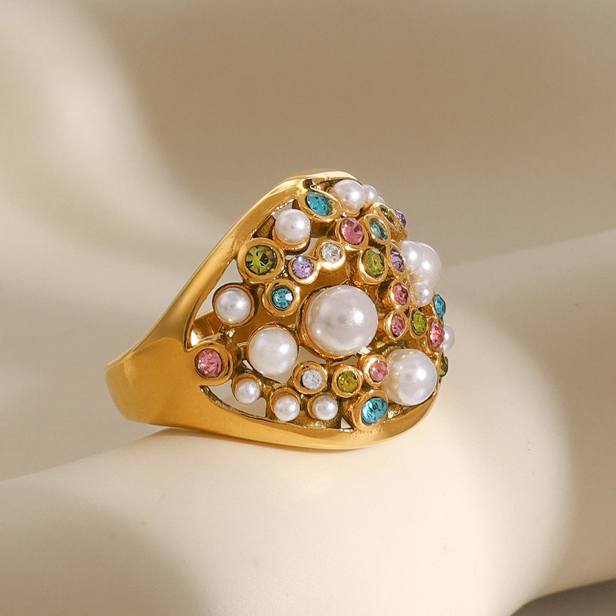 Retro fashion diamond studded pearl ring, Baroque niche design, high-end ins handmade ring