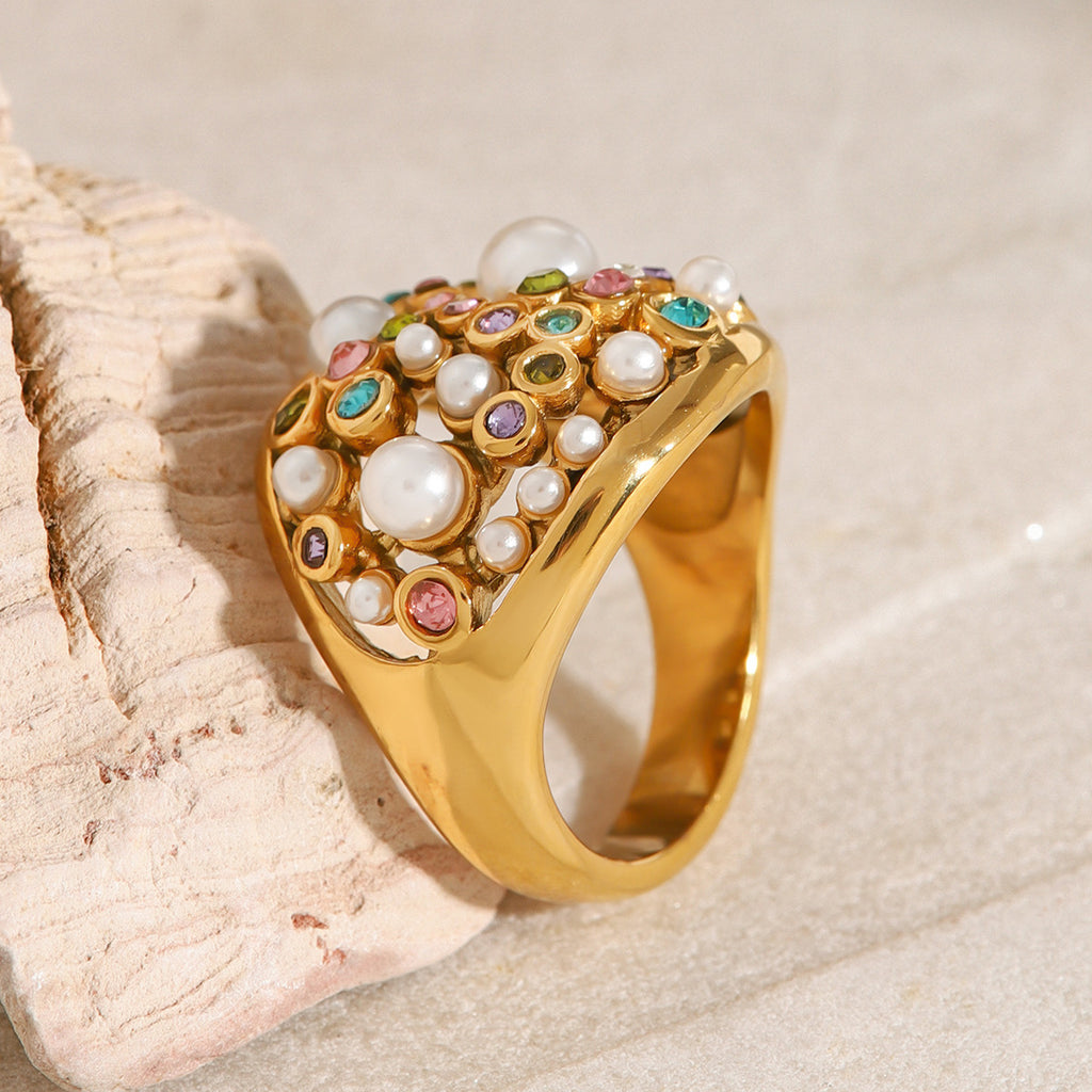 Retro fashion diamond studded pearl ring, Baroque niche design, high-end ins handmade ring