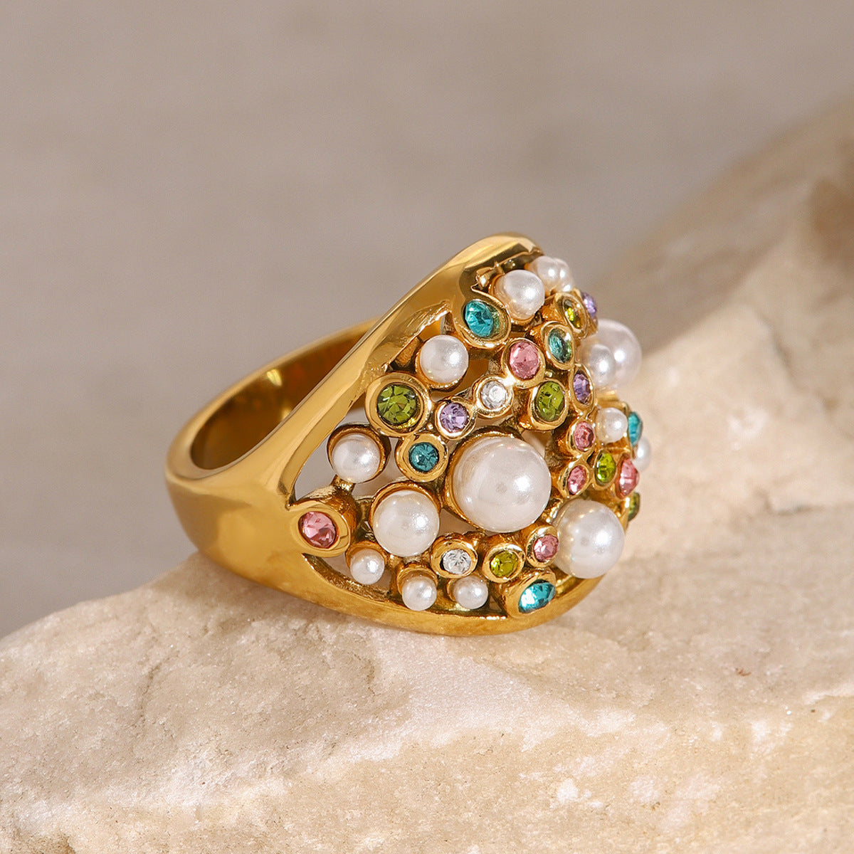 Retro fashion diamond studded pearl ring, Baroque niche design, high-end ins handmade ring