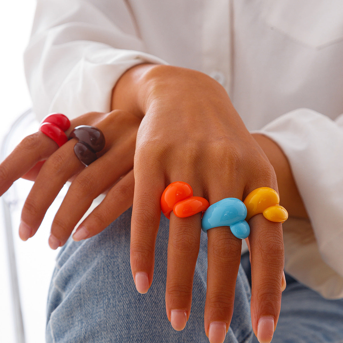 Irregular double droplet plastic ring, fashionable geometric multi-color closed ring