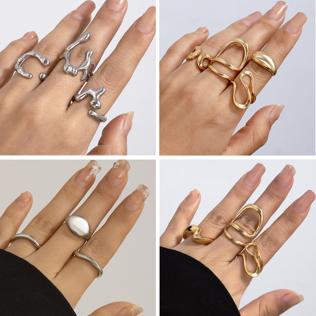 Minimally irregular lava open smooth ring set, niche hollow arc-shaped design ring