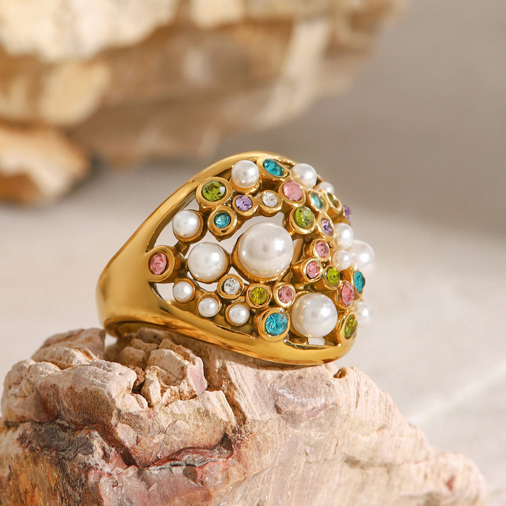 Retro fashion diamond studded pearl ring, Baroque niche design, high-end ins handmade ring
