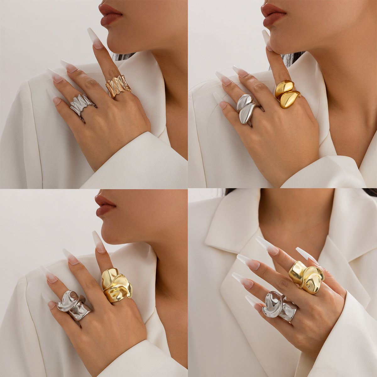 Hip hop style oversized irregular smooth twisted ring, droplet alloy pleated ring